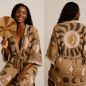 Celestial Print Fringe Kimono Robe in Warm Tan & Black